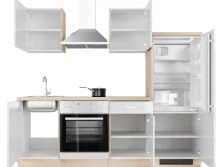 Outlet Küchenzeile Valero 220 cm Hochglanz Weiß - Sonoma Eiche Herde|Kochfelder