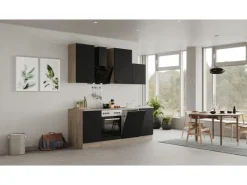 Online Flex-Well Exclusiv Küchenzeile Capri 220 cm Schwarz Matt-Endgrain Oak