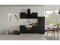 Best Küchenzeile Capri 220 cm Schwarz Matt-Endgrain Oak Einbauküchen|Kühlschränke