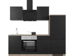 Best Küchenzeile Capri 220 cm Schwarz Matt-Endgrain Oak Einbauküchen|Kühlschränke