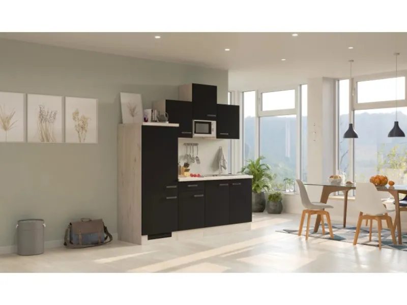 Clearance Küchenzeile Lara 210 cm Anthrazit - San Remo Eiche Single-Küchen|Kochfelder