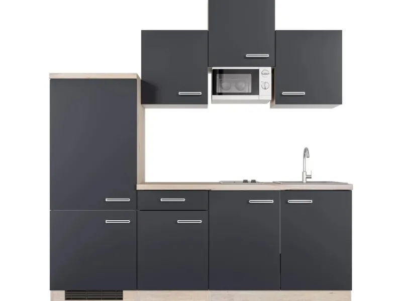 Clearance Küchenzeile Lara 210 cm Anthrazit - San Remo Eiche Single-Küchen|Kochfelder
