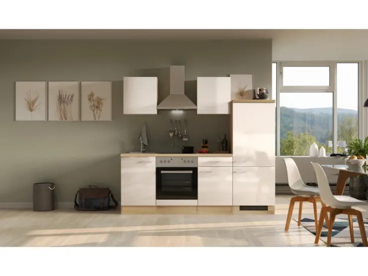 Discount Küchenzeile Valero 210 cm Hochglanz Weiß - Sonoma Eiche Single-Küchen|Miniküchen