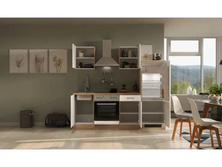 Discount Küchenzeile Valero 210 cm Hochglanz Weiß - Sonoma Eiche Single-Küchen|Miniküchen