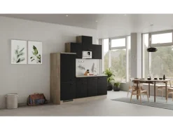 Best Küchenzeile Capri 210 cm Schwarz Matt-Endgrain Oak Single-Küchen|Kochfelder
