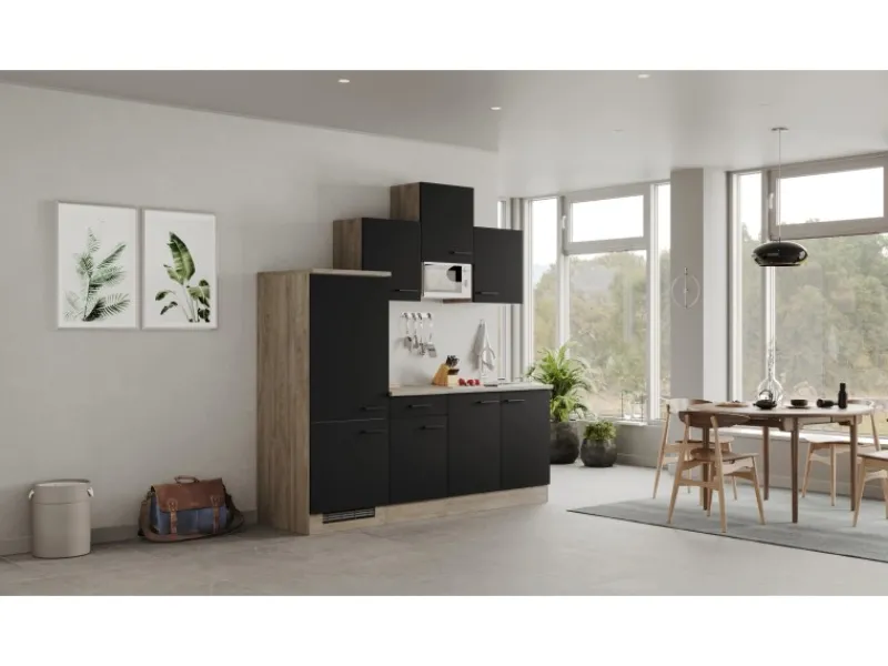 Best Küchenzeile Capri 210 cm Schwarz Matt-Endgrain Oak Single-Küchen|Kochfelder