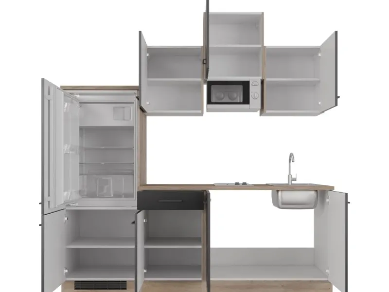 Best Küchenzeile Capri 210 cm Schwarz Matt-Endgrain Oak Single-Küchen|Kochfelder