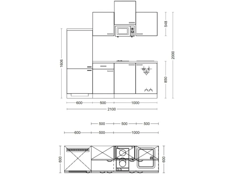 Best Küchenzeile Capri 210 cm Schwarz Matt-Endgrain Oak Single-Küchen|Kochfelder