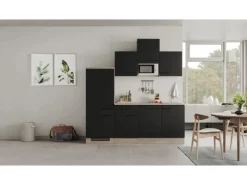Best Küchenzeile Capri 210 cm Schwarz Matt-Endgrain Oak Single-Küchen|Kochfelder