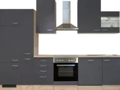 Outlet Küchenzeile Morena 310 cm Basaltgrau matt-San Remo Eiche hell Einbauküchen|Küchenschränke
