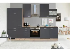 Outlet Küchenzeile Morena 310 cm Basaltgrau matt-San Remo Eiche hell Einbauküchen|Küchenschränke