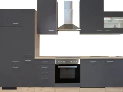 Outlet Küchenzeile Morena 310 cm Basaltgrau matt-San Remo Eiche hell Einbauküchen|Küchenschränke