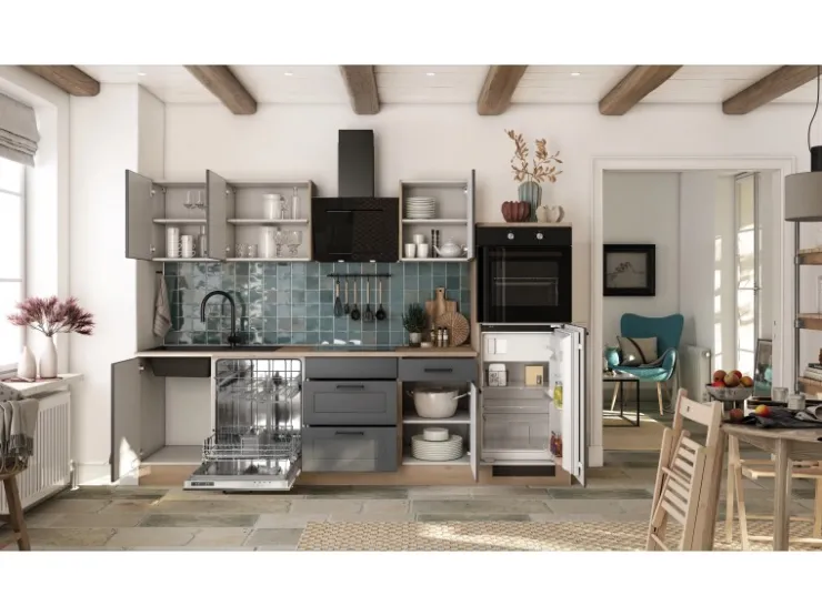 Discount Küche 2320-016 Romeo 280 cm Anthrazit matt-Cosmopolitan Eiche Landhausküchen|Kühlschränke