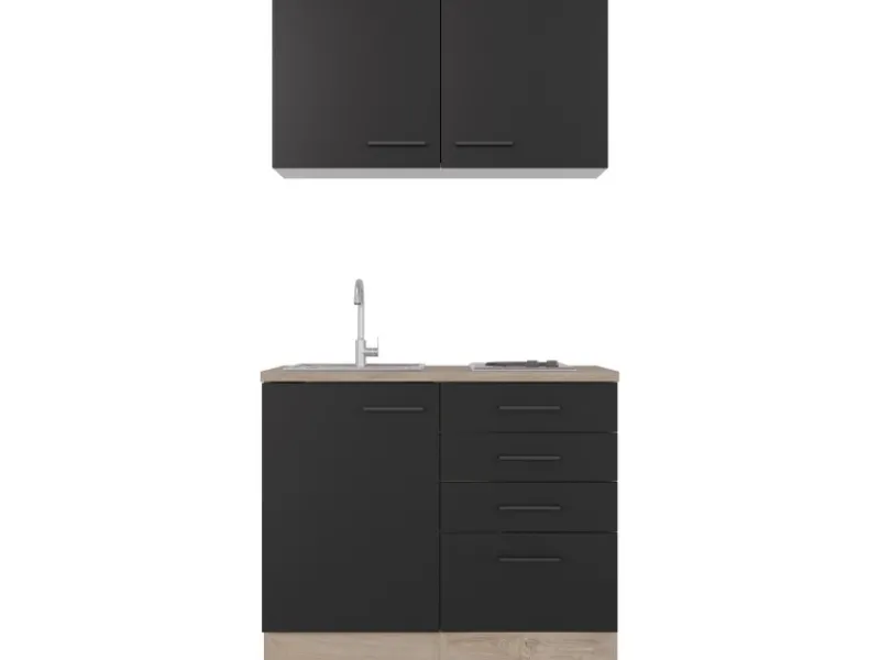Online Miniküche Capri 100 cm Schwarz Matt-Endgrain Oak Pantryküchen|Miniküchen