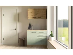 Online Flex-Well Exclusiv Miniküche Cara 100 cm Schilfgrün matt - Artisan Eiche