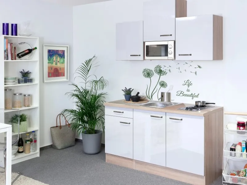 Discount Singleküche Valero 150 cm breit Hochglanz Weiß-Sonoma Eiche Single-Küchen|Pantryküchen
