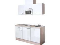 Discount Singleküche Valero 150 cm breit Hochglanz Weiß-Sonoma Eiche Single-Küchen|Pantryküchen