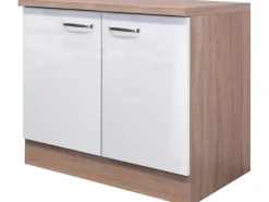 New Spülenunterschrank Valero 100cm Hochglanz Weiß-Sonoma Eiche Einbauküchen