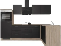 Outlet Winkelküche Capri 280 x 170 cm Schwarz Matt-Endgrain Oak Winkelküchen|Kochfelder