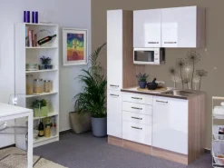 Clearance Flex-Well Singleküche 130 cm Valero Hochglanz Weiß-Sonoma Eiche Single-Küchen|Miniküchen