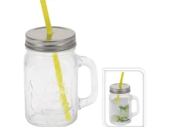 Geschirr<Glas mit Metalldeckel und Strohhalm 450 ml