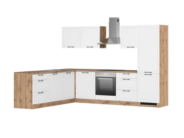 Best Held Möbel Held Küchen Winkelküche Kempten 300 cm mit E-Geräten Wotan/Weiß