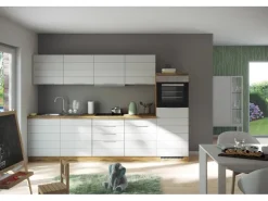 Best Küchenzeile 330 cm Matt Weiß-Wotaneiche Kühlschränke|Einbauküchen