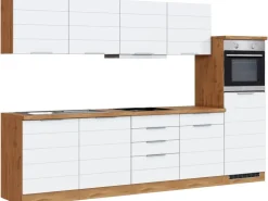Best Küchenzeile 330 cm Matt Weiß-Wotaneiche Kühlschränke|Einbauküchen