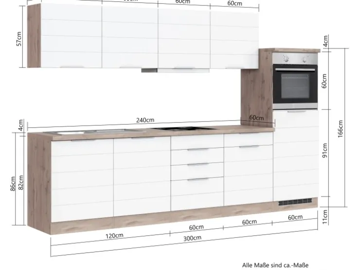 Best Küchenzeile 330 cm Matt Weiß-Wotaneiche Kühlschränke|Einbauküchen