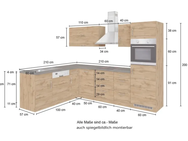 Best Held Möbel Küchenzeile Sorrento 210/270 cm Wotaneiche-Grafit Winkel