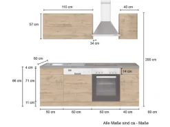 Best Küchenzeile Sorrento 210 cm Anthrazit-Wotaneiche Kühlschränke|Kochfelder