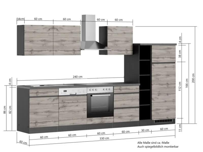 Outlet Küchenzeile Turin 330 cm mit E-Geräten Einbauküchen