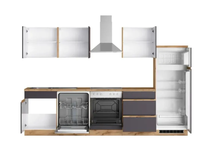 Discount Held Möbel Küchenzeile Turin 300 cm mit E-Geräten Graphit-Wotaneiche