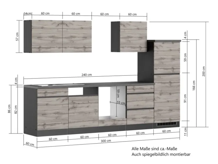 New Held Möbel Küchenzeile Turin 300 cm ohne E-Geräte Graphit-Wotaneiche