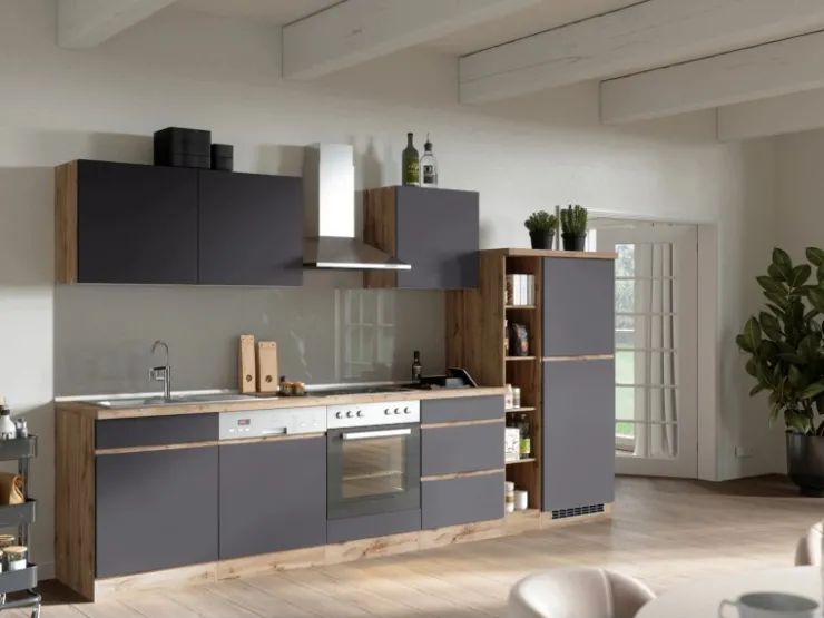 Held Möbel Winkelküchen<Küchenzeile Turin 330 cm mit E-Geräten Graphit-Wotaneiche
