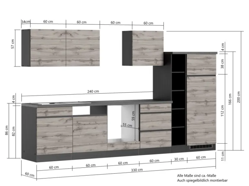 Discount Küchenzeile Turin 330 cm ohne E-Geräte Küchenregale|Einbauküchen