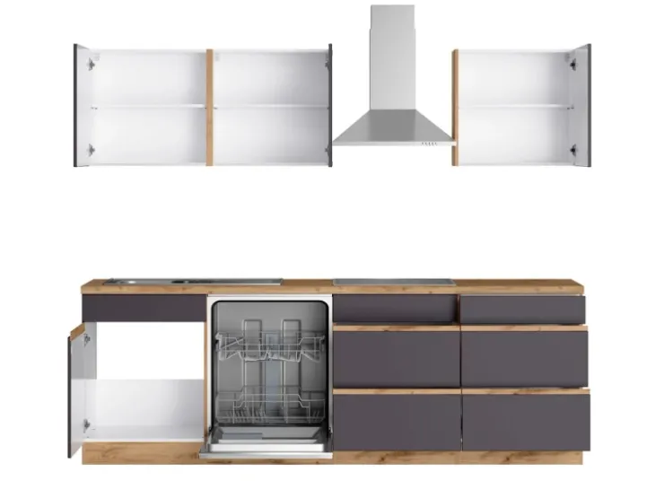 Held Möbel Küchenregale|Kochfelder<Küchenzeile Turin 390 cm mit E-Geräten Graphit-Wotaneiche