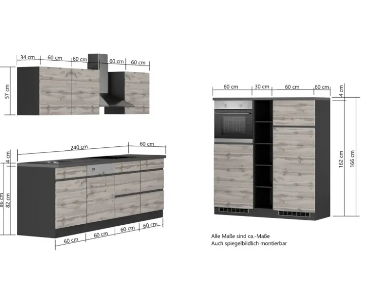 Held Möbel Küchenregale|Kochfelder<Küchenzeile Turin 390 cm mit E-Geräten Graphit-Wotaneiche