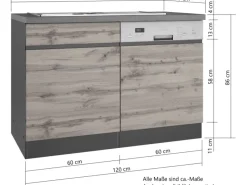 Spülenunterschrank Turin 120cm mit GSP-Blende Graphit/WotanEiche Küchenschränke