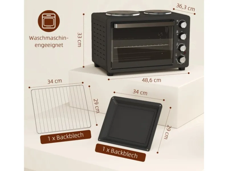 Clearance Minibackofen Edelstahl Hartglas Schwarz 48,6L x 36,3B x 33H cm Kochfelder