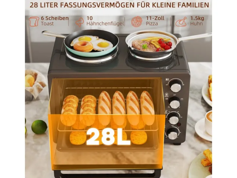 Clearance Minibackofen Edelstahl Hartglas Schwarz 48,6L x 36,3B x 33H cm Kochfelder