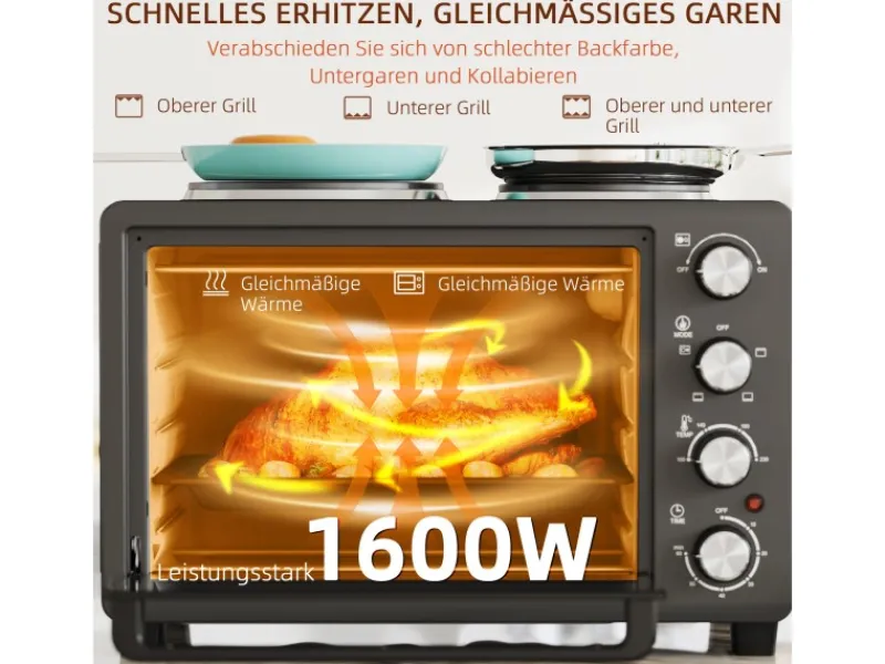 Clearance Minibackofen Edelstahl Hartglas Schwarz 48,6L x 36,3B x 33H cm Kochfelder