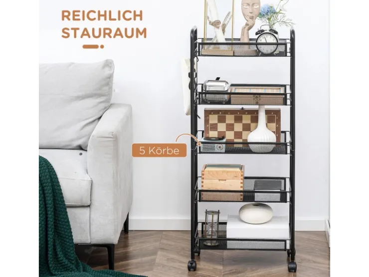 HOMCOM Servierwagen<Servierwagen mit Haken Stahl Schwarz 45L x 26,5B x 106H cm