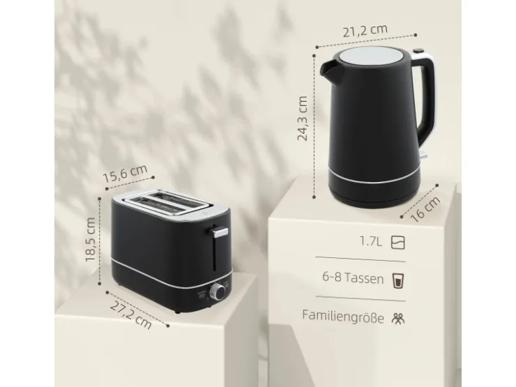 HOMCOM Kaffeemaschinen|Haushaltsgeräte<Wasserkocher Toaster Set Kunststoff Schwarz 21,2L x 16B x 24,3H cm