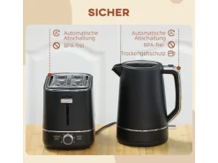 HOMCOM Kaffeemaschinen|Haushaltsgeräte<Wasserkocher Toaster Set Kunststoff Schwarz 21,2L x 16B x 24,3H cm