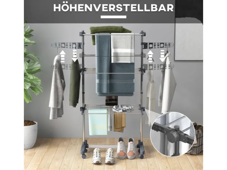 Discount HOMCOM Wäschetrockner mit Rollen 3 Ebenen Klappbar Stahl Grau 142 x 55 x 152 cm