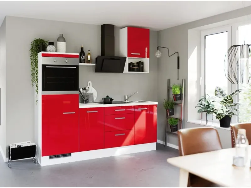 Discount Küchenzeile IKZ1215L3 215 cm Hochglanz mit E-Geräten Winkelküchen|Kühlschränke