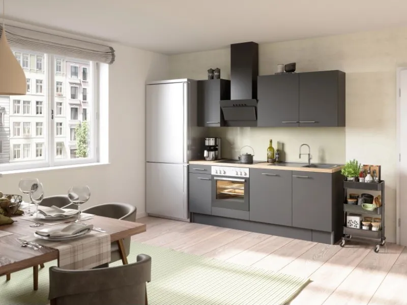 Outlet Küchenzeile Optikoncept Ingvar 210 cm Anthrazit Besteckkästen|Einbauküchen