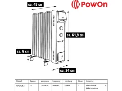 Sale PowOn Ölradiator 1000-2500 Watt 11 Rippen mit Wäschetrockner & Luftbefeuchter