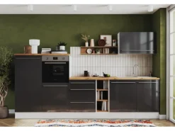 Outlet Inselküche Gabriel 320 cm Grau Hochglanz Inselhauben|Kücheninseln